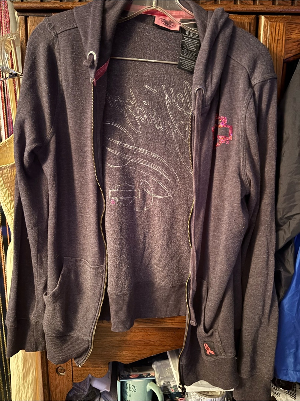 Hooded Zip Jacket - Dark Heather Gray with Pink Accents